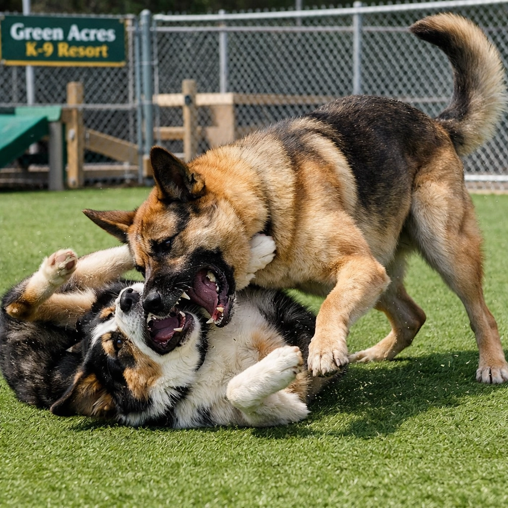 Large dogs playing together at Gresham dog daycare showing size-matched play groups