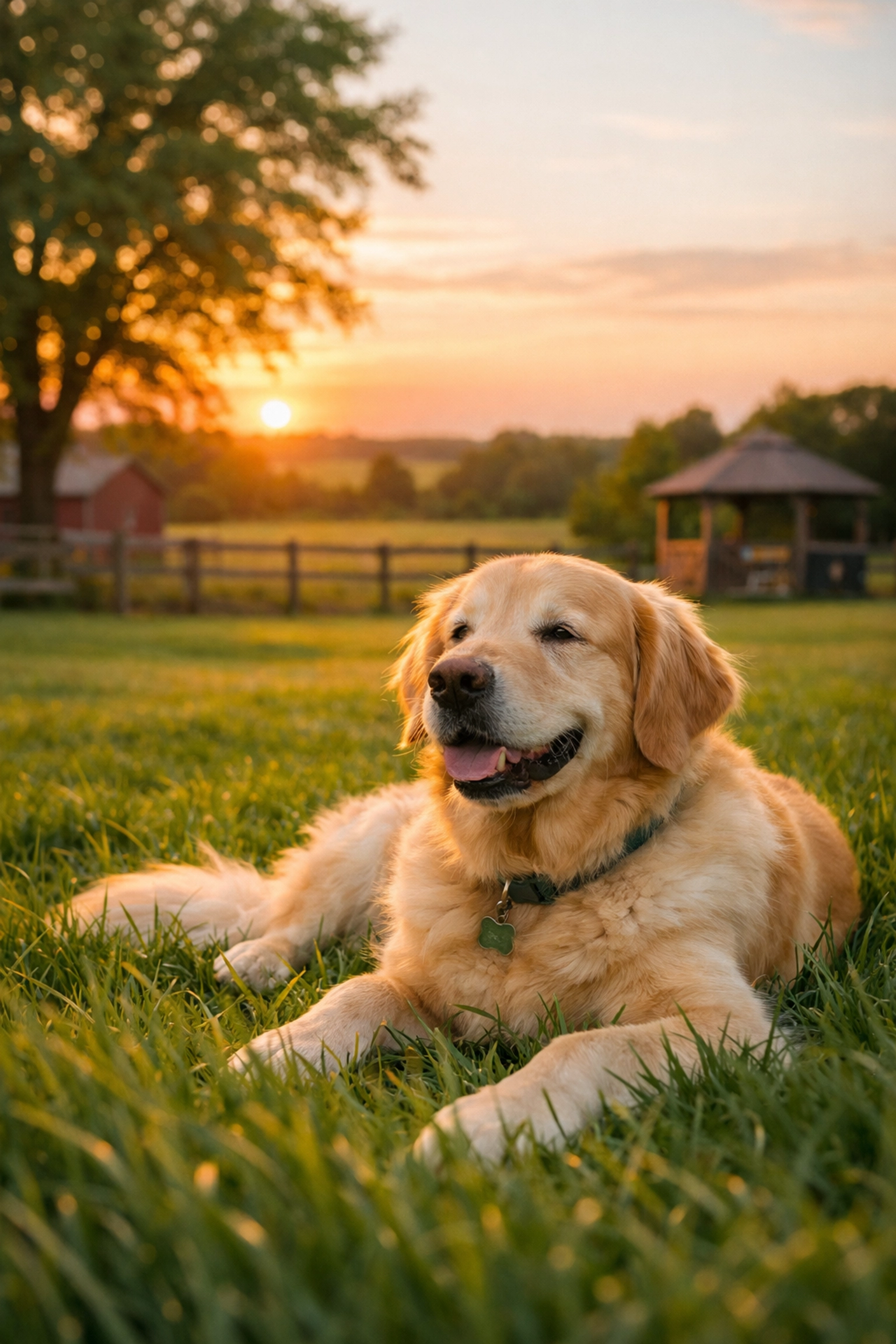 Relaxed dog enjoying peaceful evening at Green Acres K-9 Resort Portland