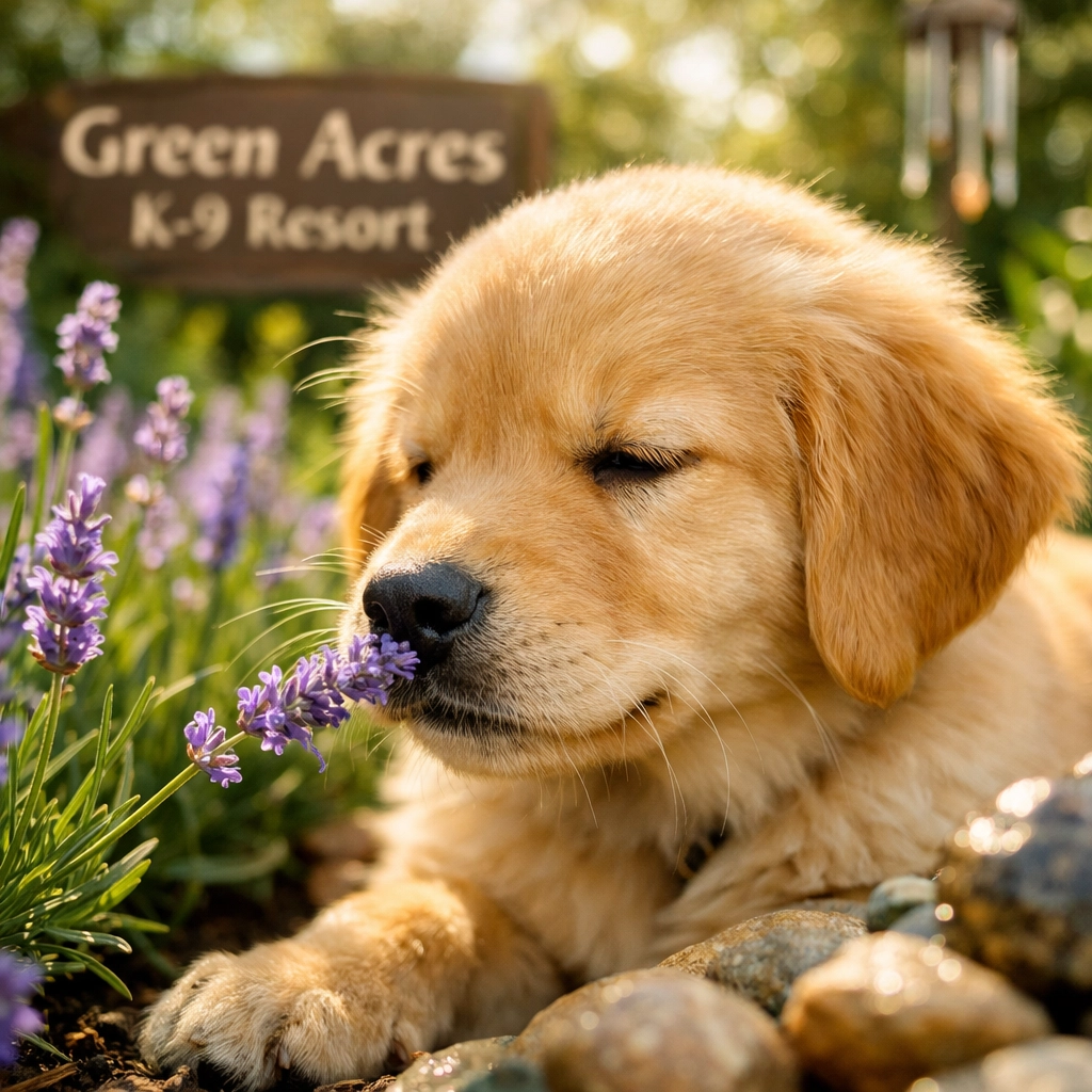 Golden Retriever puppy in a sensory garden at Green Acres K-9 Resort for holistic pet health in Boring.
