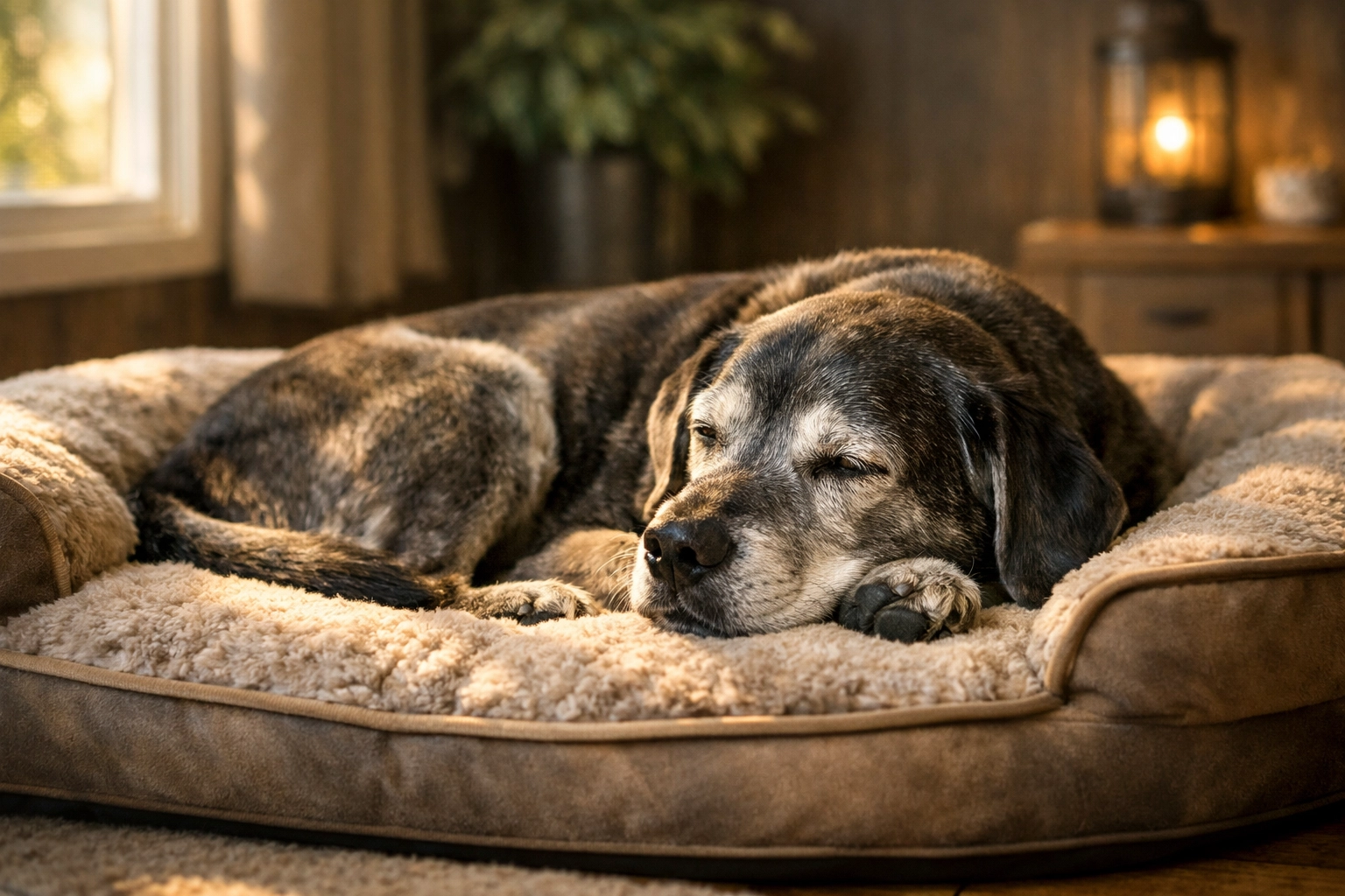 Senior dog with a gray muzzle resting on a plush orthopedic bed in a quiet Portland dog boarding suite.