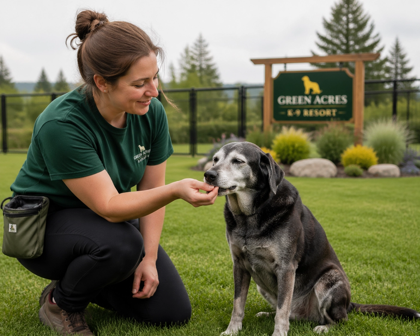 Caregiver at Green Acres K-9 Resort providing medication to a senior dog during holistic dog boarding in Boring, Oregon.