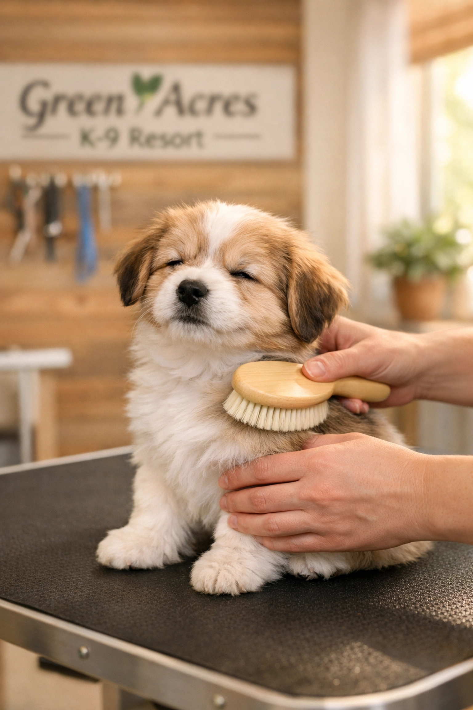 A fluffy puppy enjoys a gentle, holistic grooming session at Green Acres K-9 Resort in Portland.