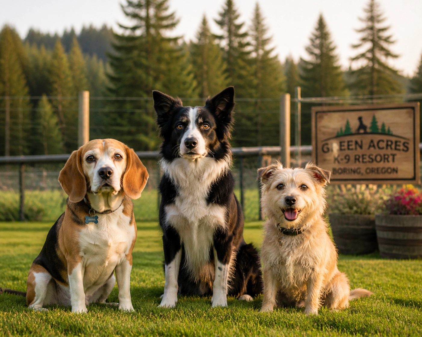Calm dogs enjoying structured socialization at Green Acres K-9 Resort, the best dog boarding in Boring Oregon.